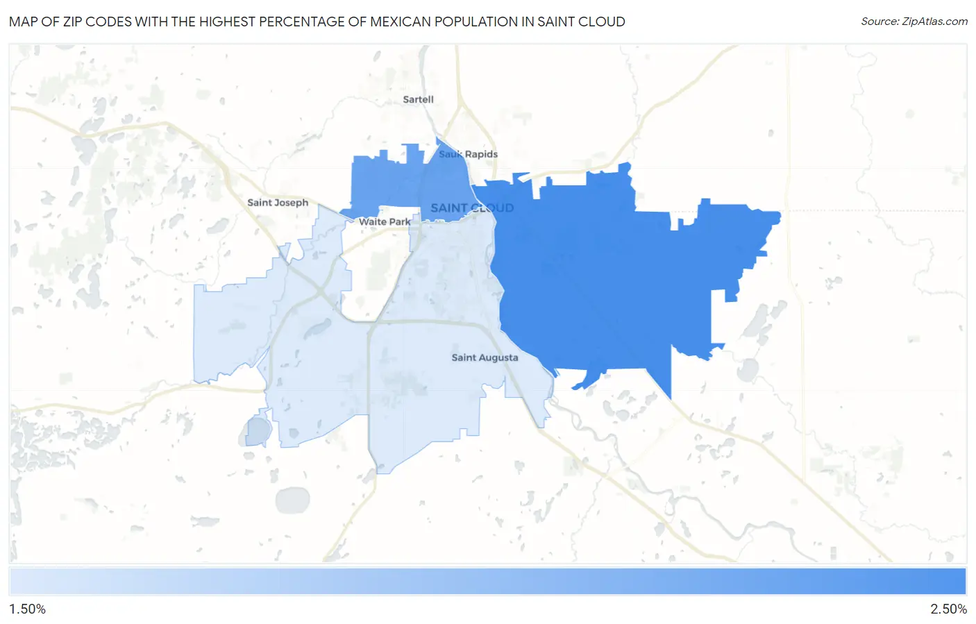 Zip Codes with the Highest Percentage of Mexican Population in Saint Cloud Map