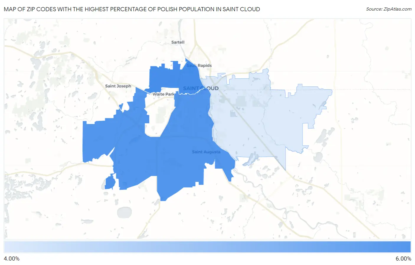 Zip Codes with the Highest Percentage of Polish Population in Saint Cloud Map