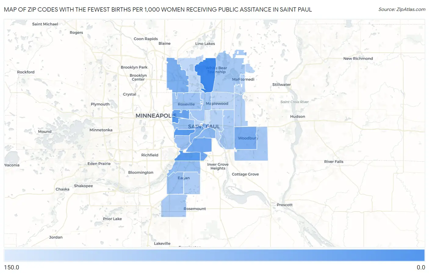 Zip Codes with the Fewest Births per 1,000 Women Receiving Public Assitance in Saint Paul Map