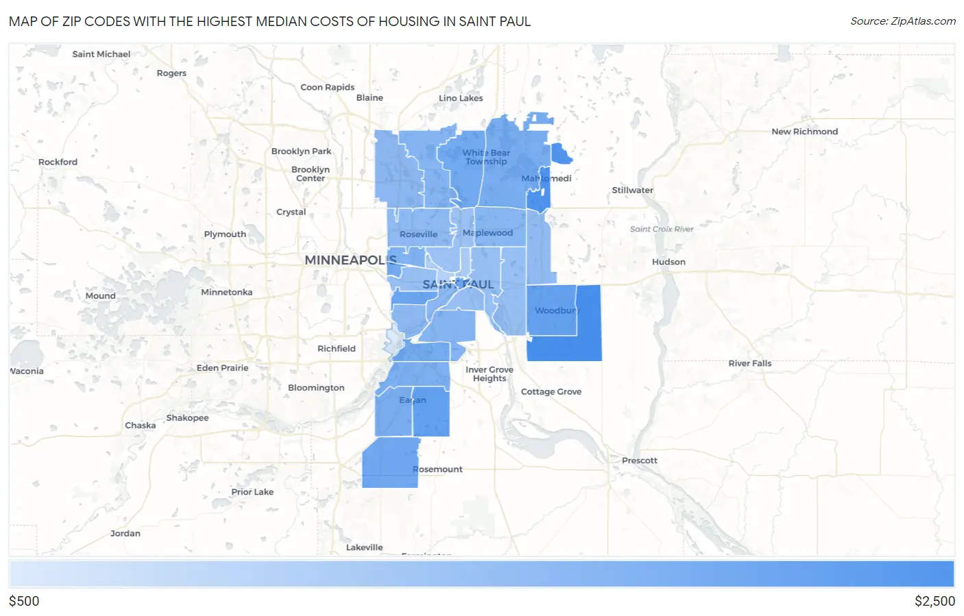 Zip Codes with the Highest Median Costs of Housing in Saint Paul Map