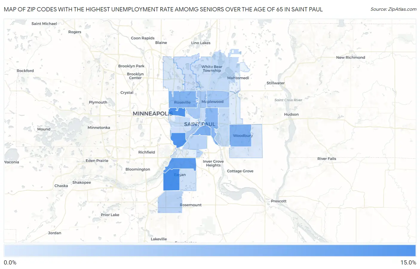 Zip Codes with the Highest Unemployment Rate Amomg Seniors Over the Age of 65 in Saint Paul Map