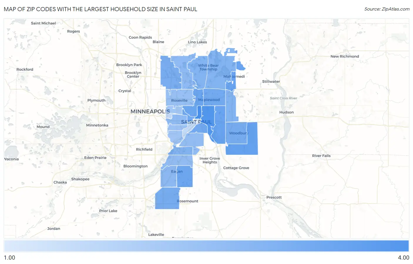 Zip Codes with the Largest Household Size in Saint Paul Map
