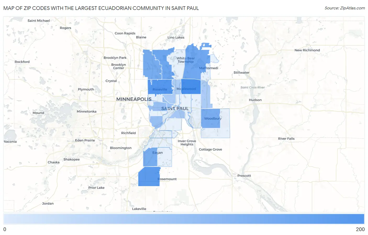 Zip Codes with the Largest Ecuadorian Community in Saint Paul Map