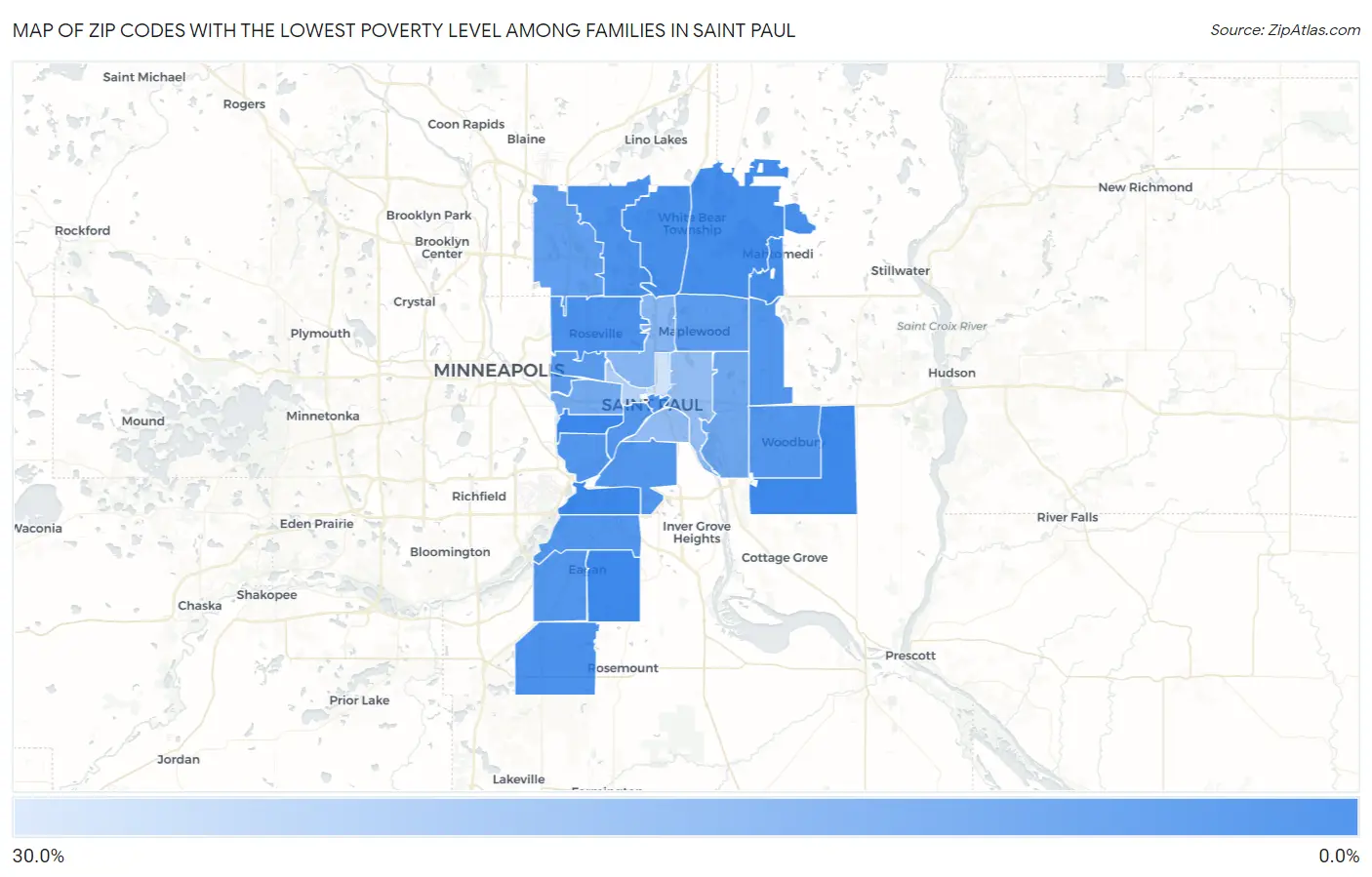 Zip Codes with the Lowest Poverty Level Among Families in Saint Paul Map