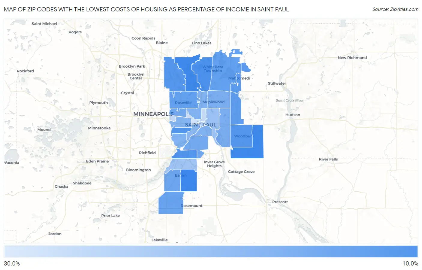 Zip Codes with the Lowest Costs of Housing as Percentage of Income in Saint Paul Map