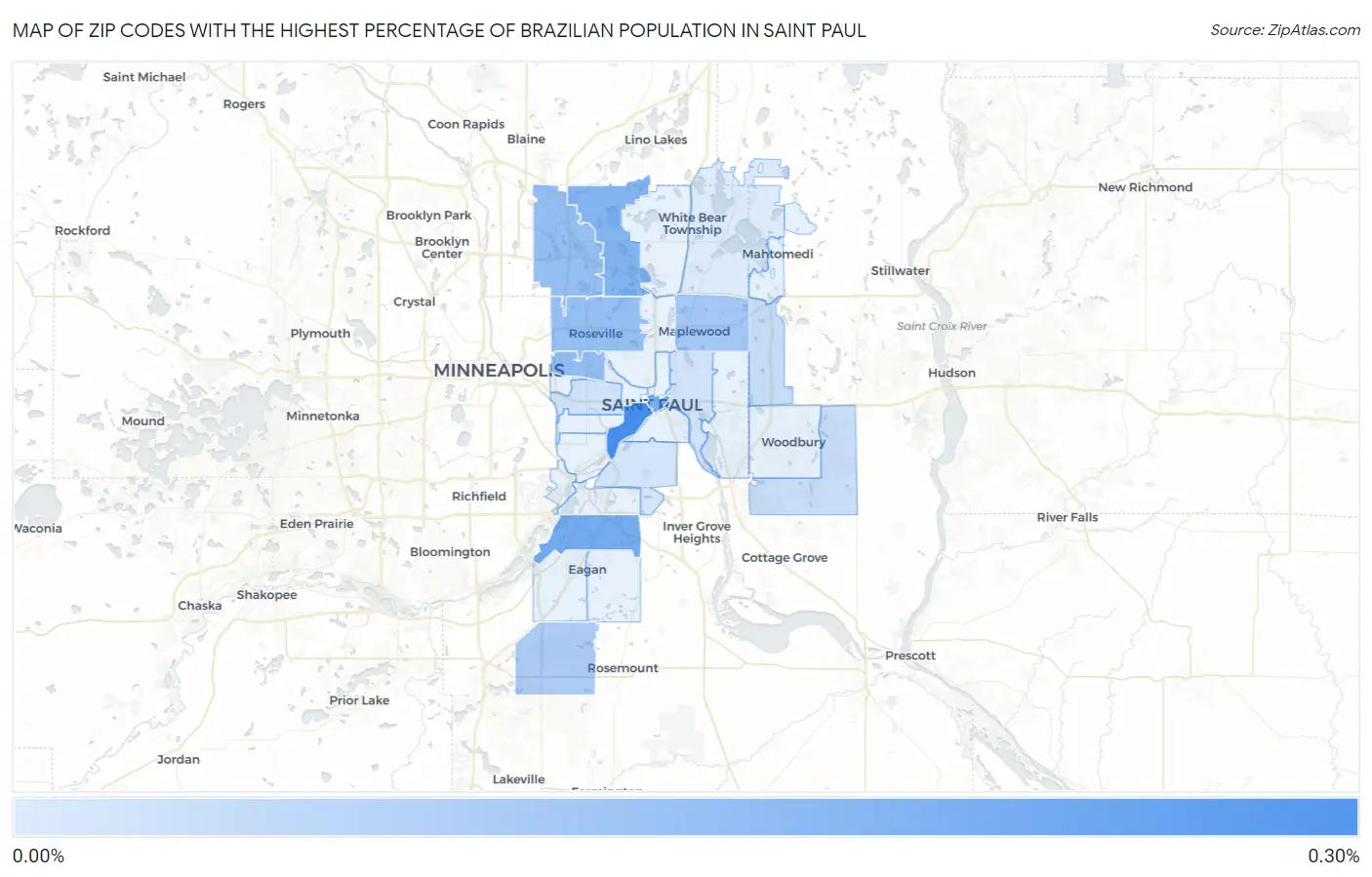 Zip Codes with the Highest Percentage of Brazilian Population in Saint Paul Map