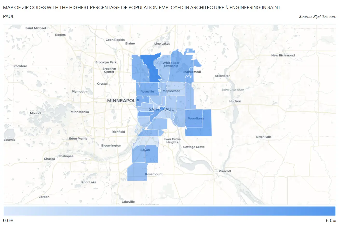 Zip Codes with the Highest Percentage of Population Employed in Architecture & Engineering in Saint Paul Map