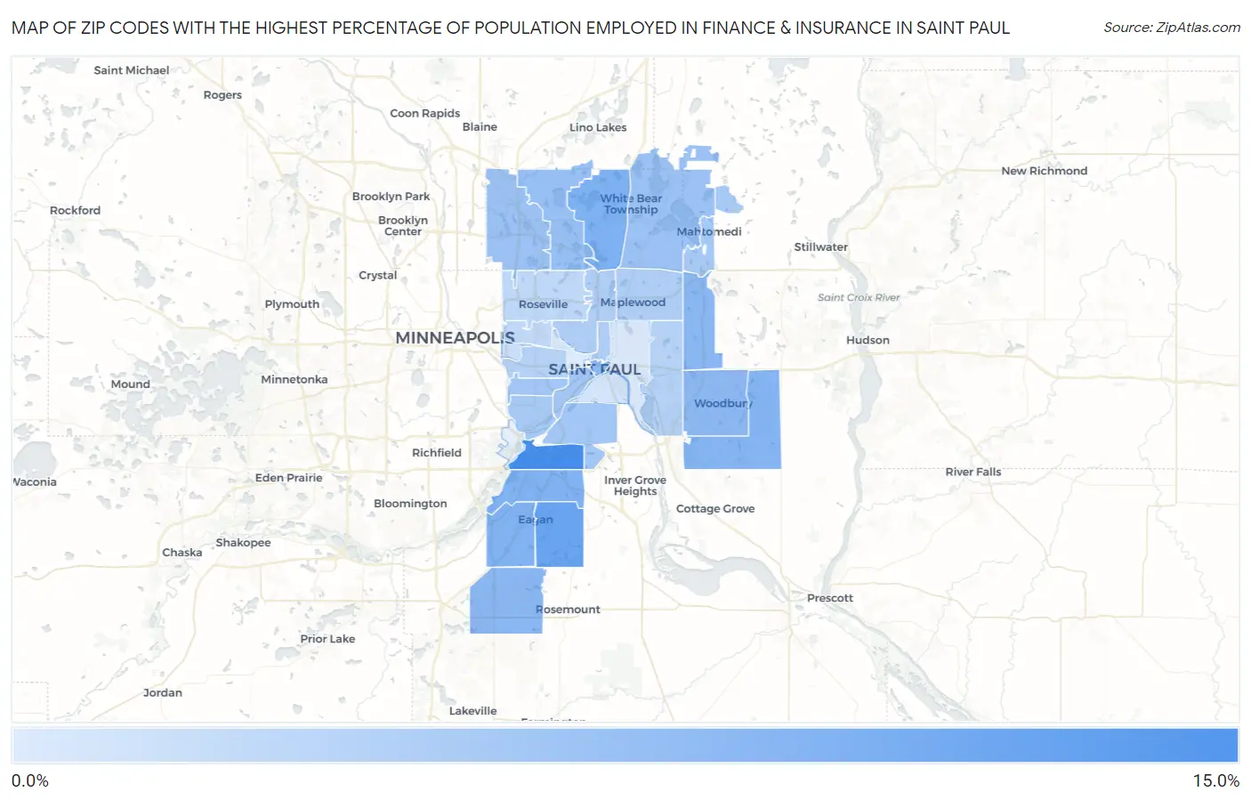 Zip Codes with the Highest Percentage of Population Employed in Finance & Insurance in Saint Paul Map