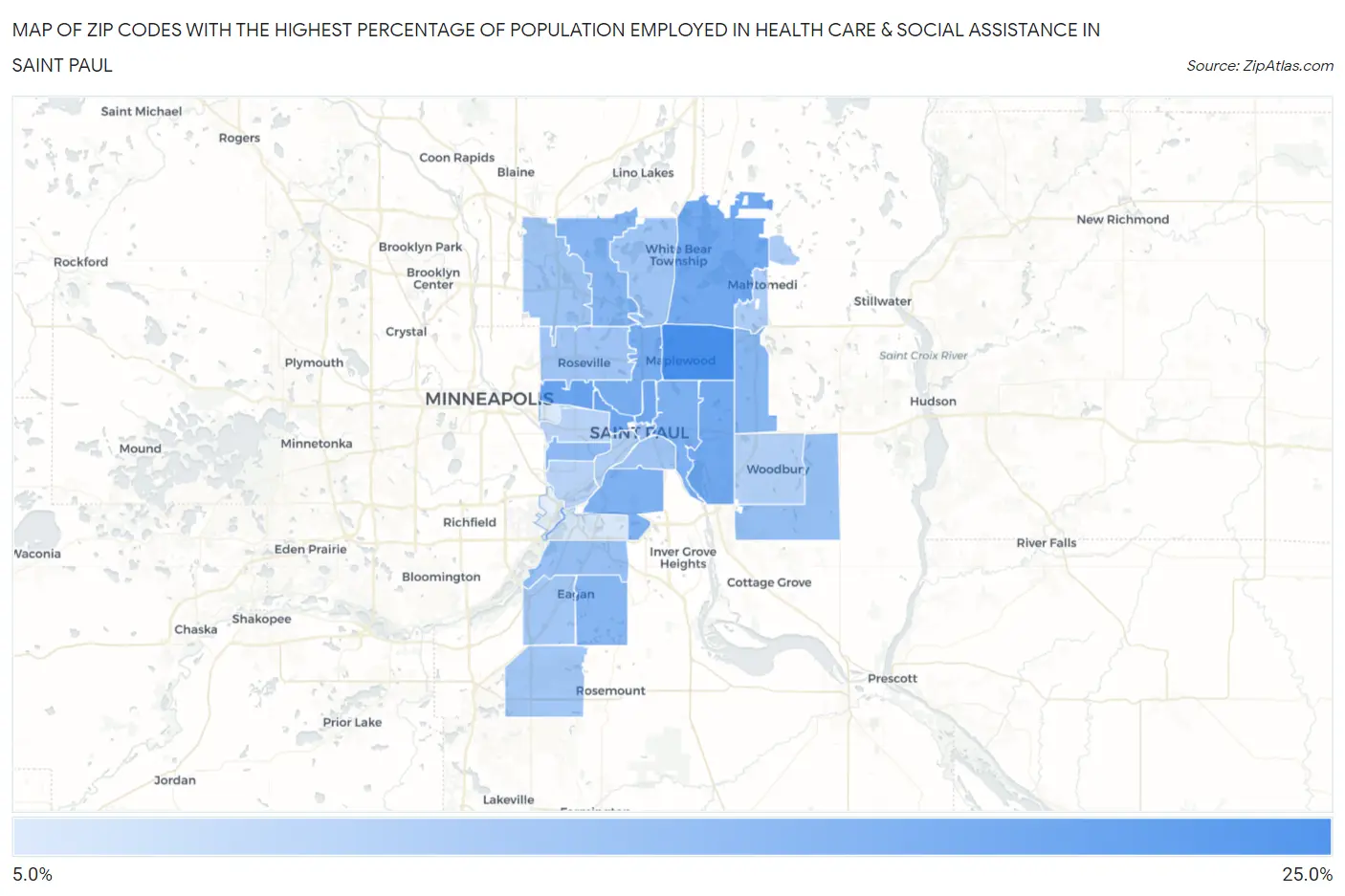 Zip Codes with the Highest Percentage of Population Employed in Health Care & Social Assistance in Saint Paul Map