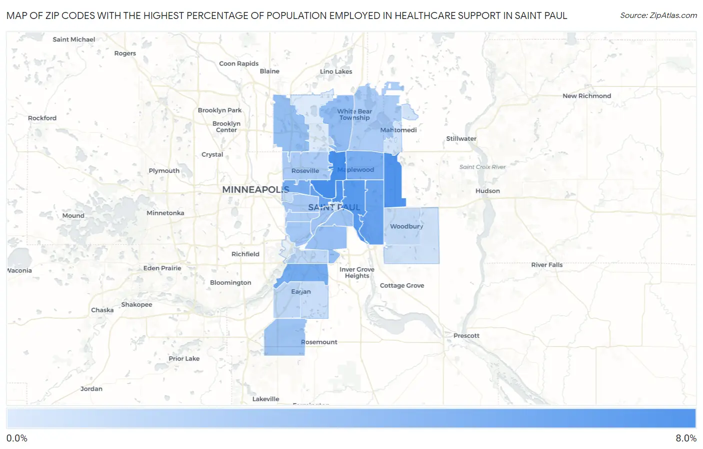 Zip Codes with the Highest Percentage of Population Employed in Healthcare Support in Saint Paul Map