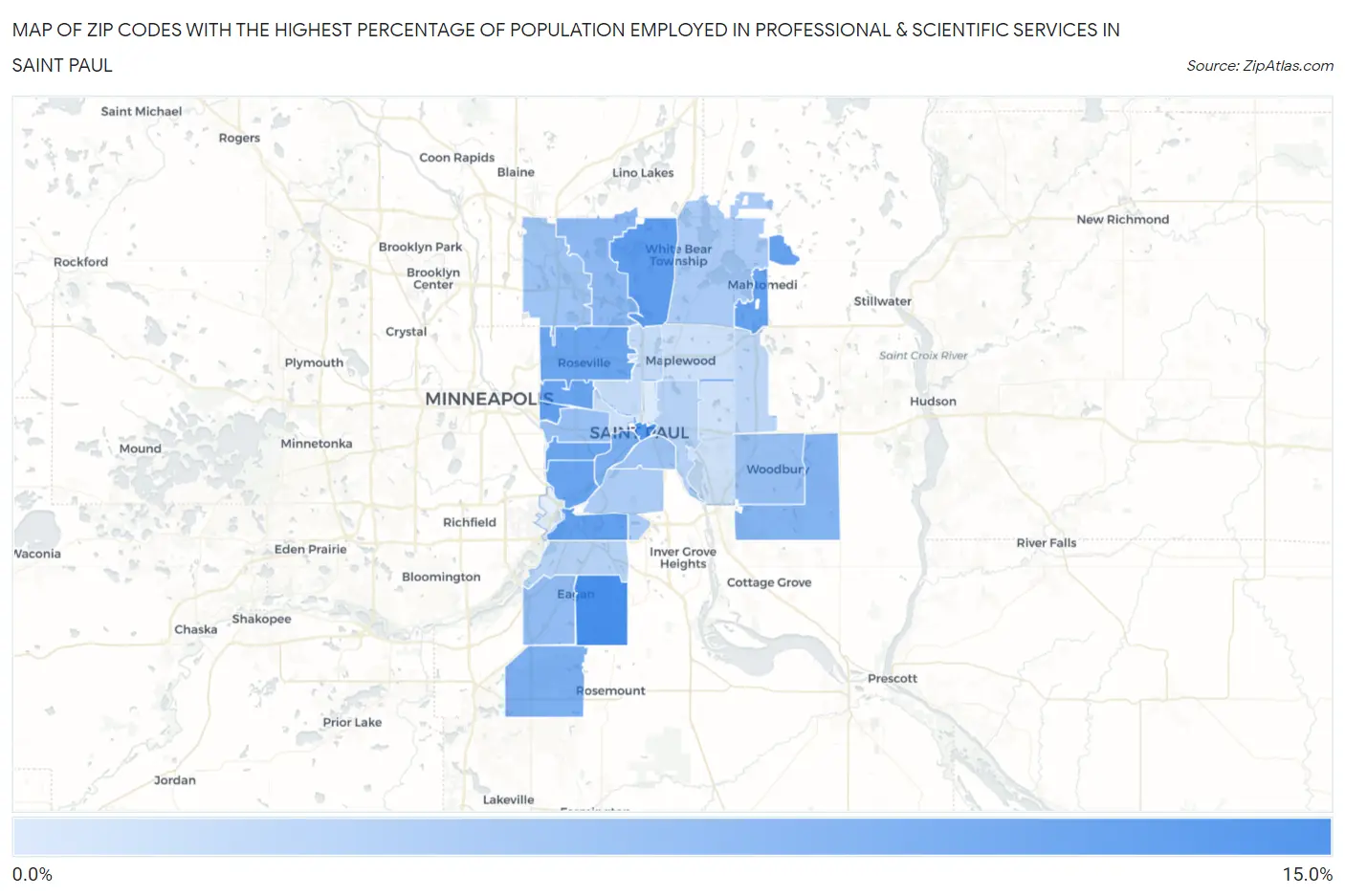 Zip Codes with the Highest Percentage of Population Employed in Professional & Scientific Services in Saint Paul Map