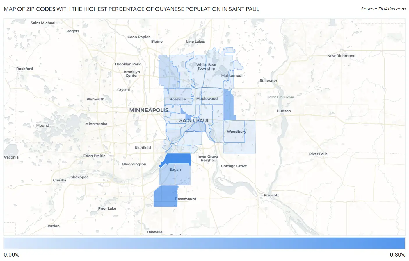 Zip Codes with the Highest Percentage of Guyanese Population in Saint Paul Map
