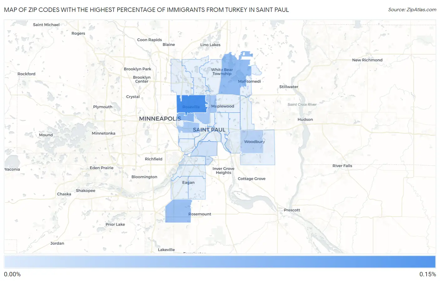 Zip Codes with the Highest Percentage of Immigrants from Turkey in Saint Paul Map