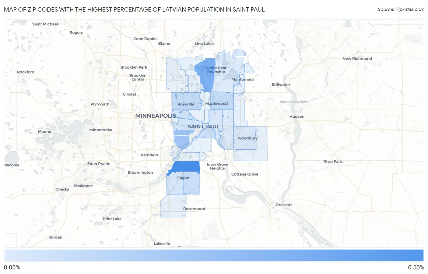 Zip Codes with the Highest Percentage of Latvian Population in Saint Paul Map