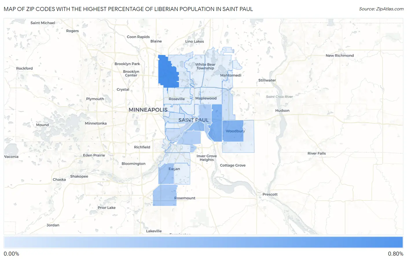 Zip Codes with the Highest Percentage of Liberian Population in Saint Paul Map