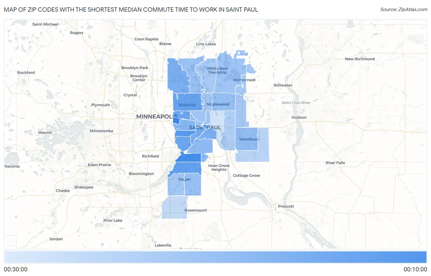 Zip Codes with the Shortest Median Commute Time to Work in Saint Paul Map