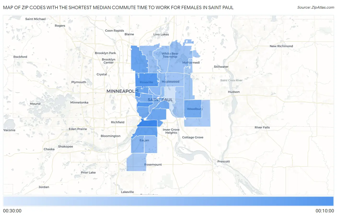 Zip Codes with the Shortest Median Commute Time to Work for Females in Saint Paul Map