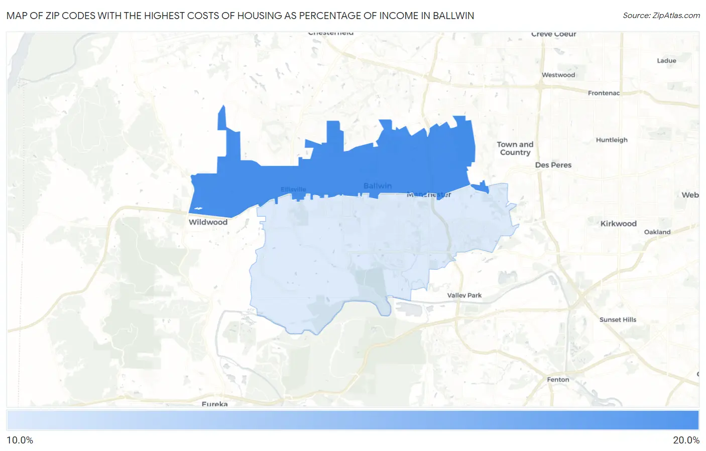 Zip Codes with the Highest Costs of Housing as Percentage of Income in Ballwin Map