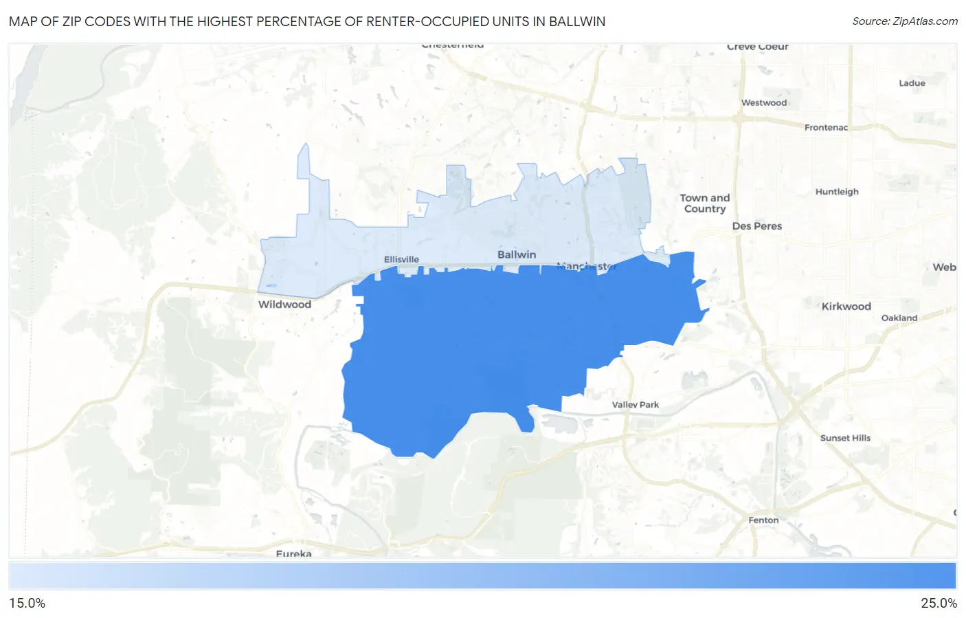 Zip Codes with the Highest Percentage of Renter-Occupied Units in Ballwin Map