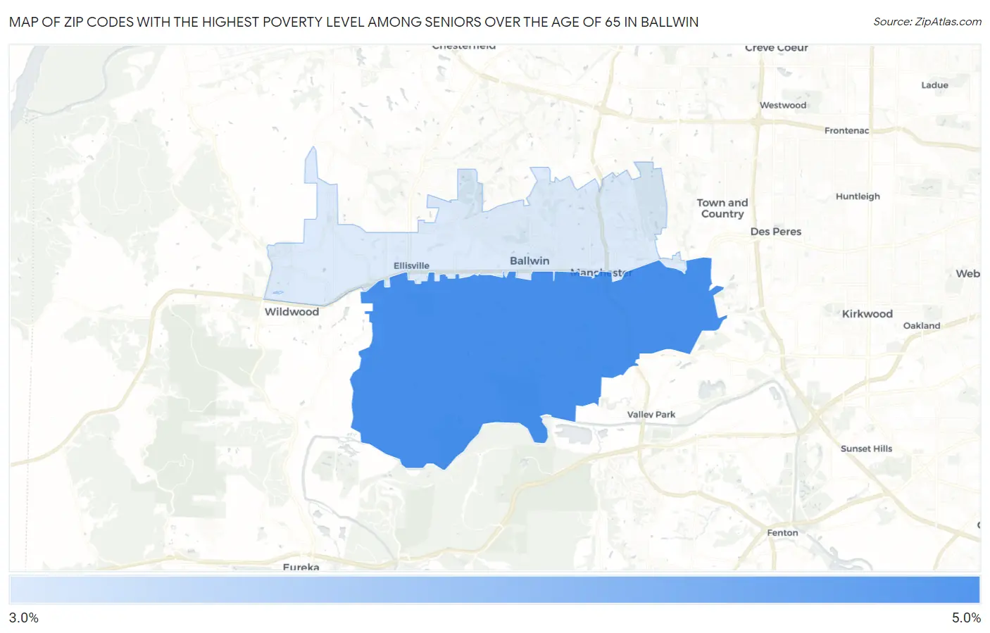 Zip Codes with the Highest Poverty Level Among Seniors Over the Age of 65 in Ballwin Map