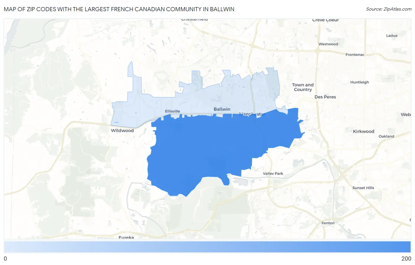 Zip Codes with the Largest French Canadian Community in Ballwin Map