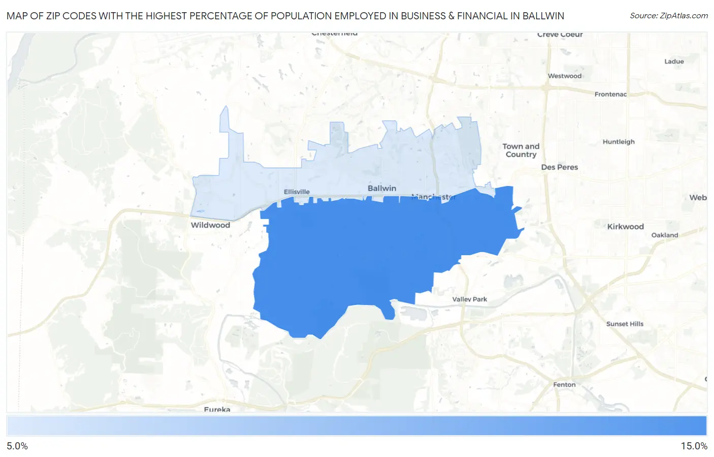 Zip Codes with the Highest Percentage of Population Employed in Business & Financial in Ballwin Map