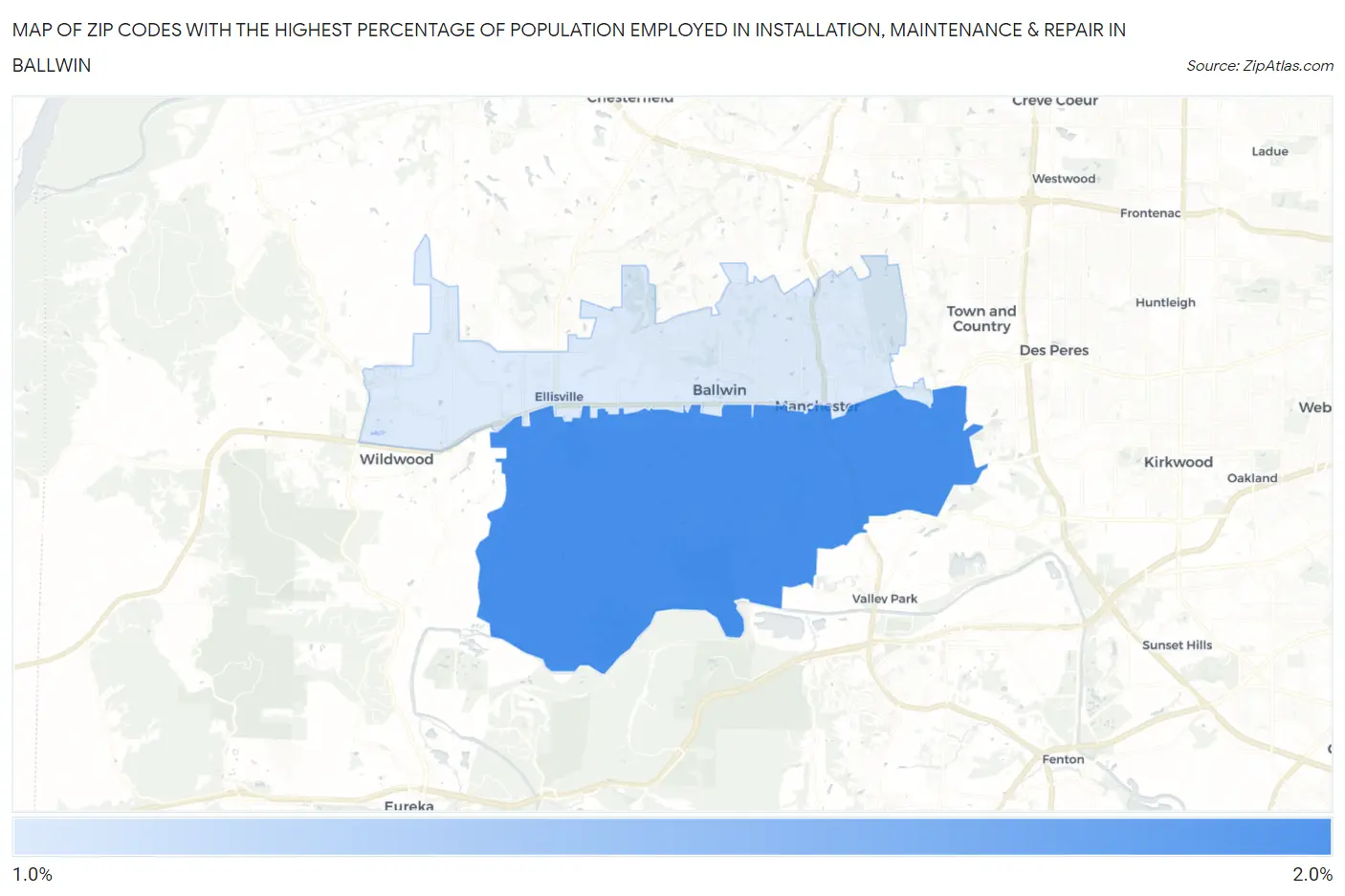Zip Codes with the Highest Percentage of Population Employed in Installation, Maintenance & Repair in Ballwin Map
