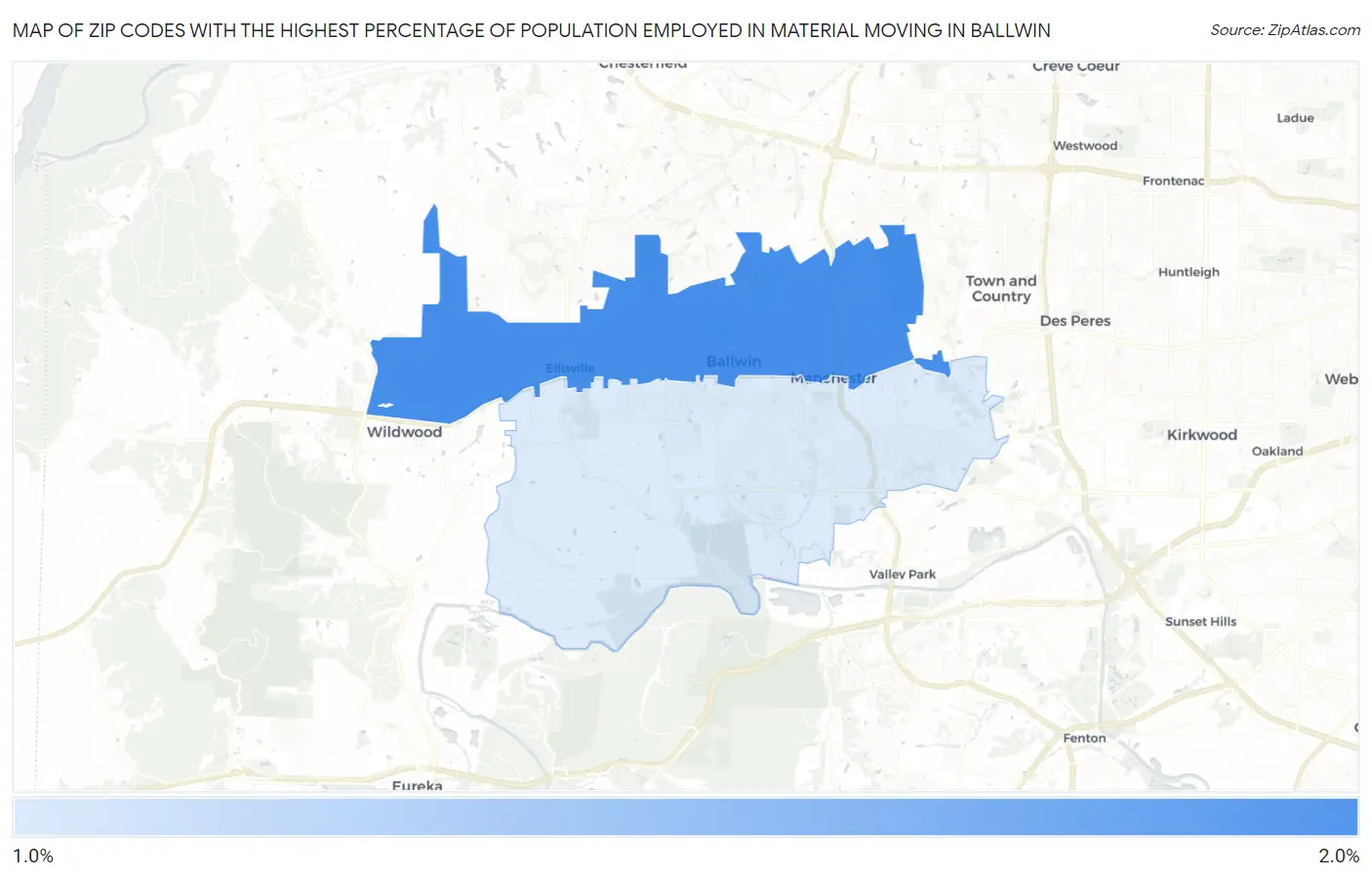 Zip Codes with the Highest Percentage of Population Employed in Material Moving in Ballwin Map