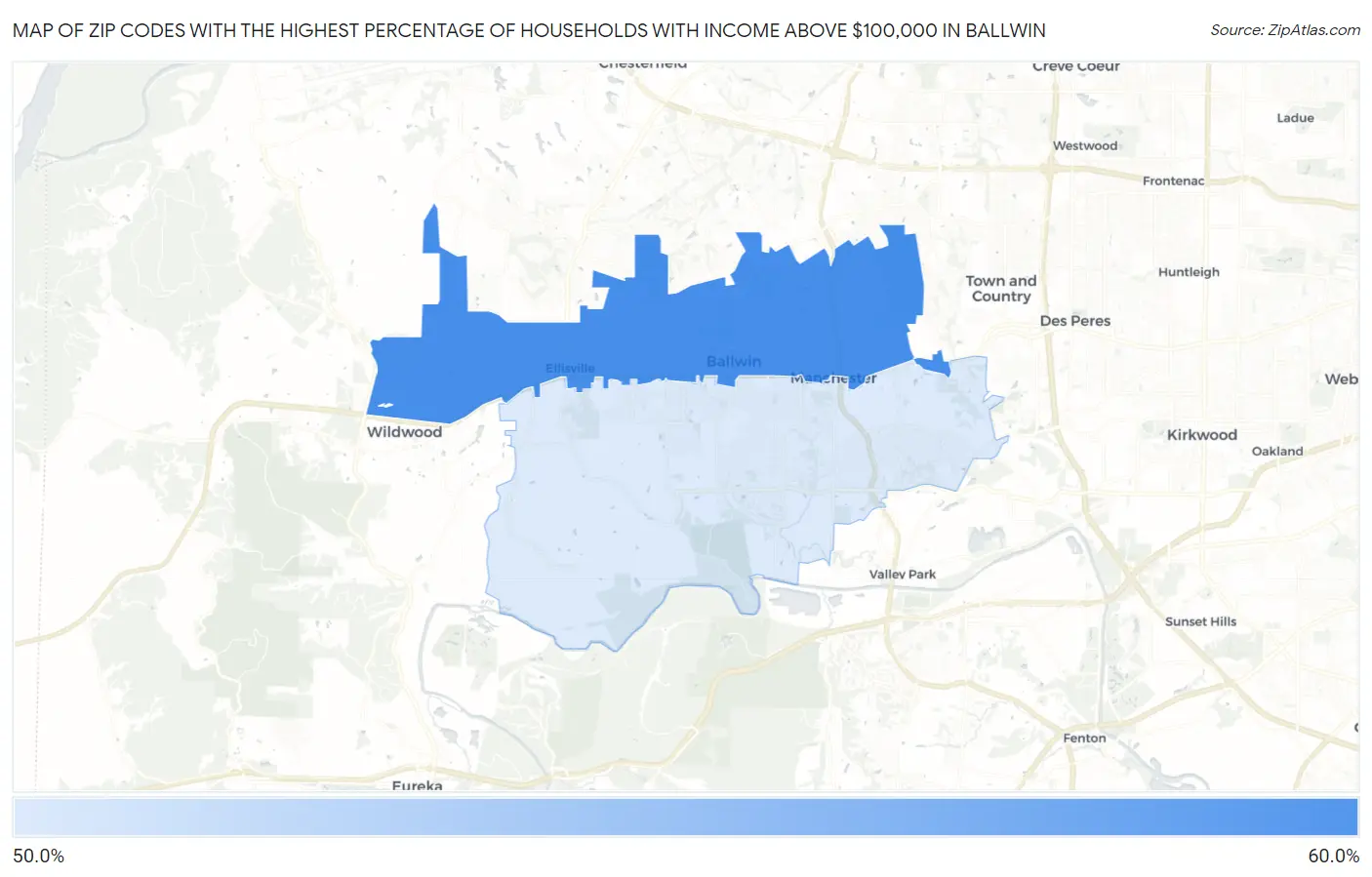 Zip Codes with the Highest Percentage of Households with Income Above $100,000 in Ballwin Map