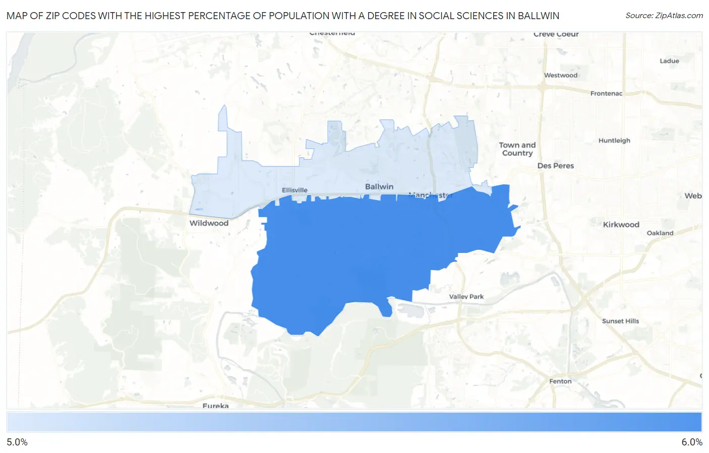 Zip Codes with the Highest Percentage of Population with a Degree in Social Sciences in Ballwin Map