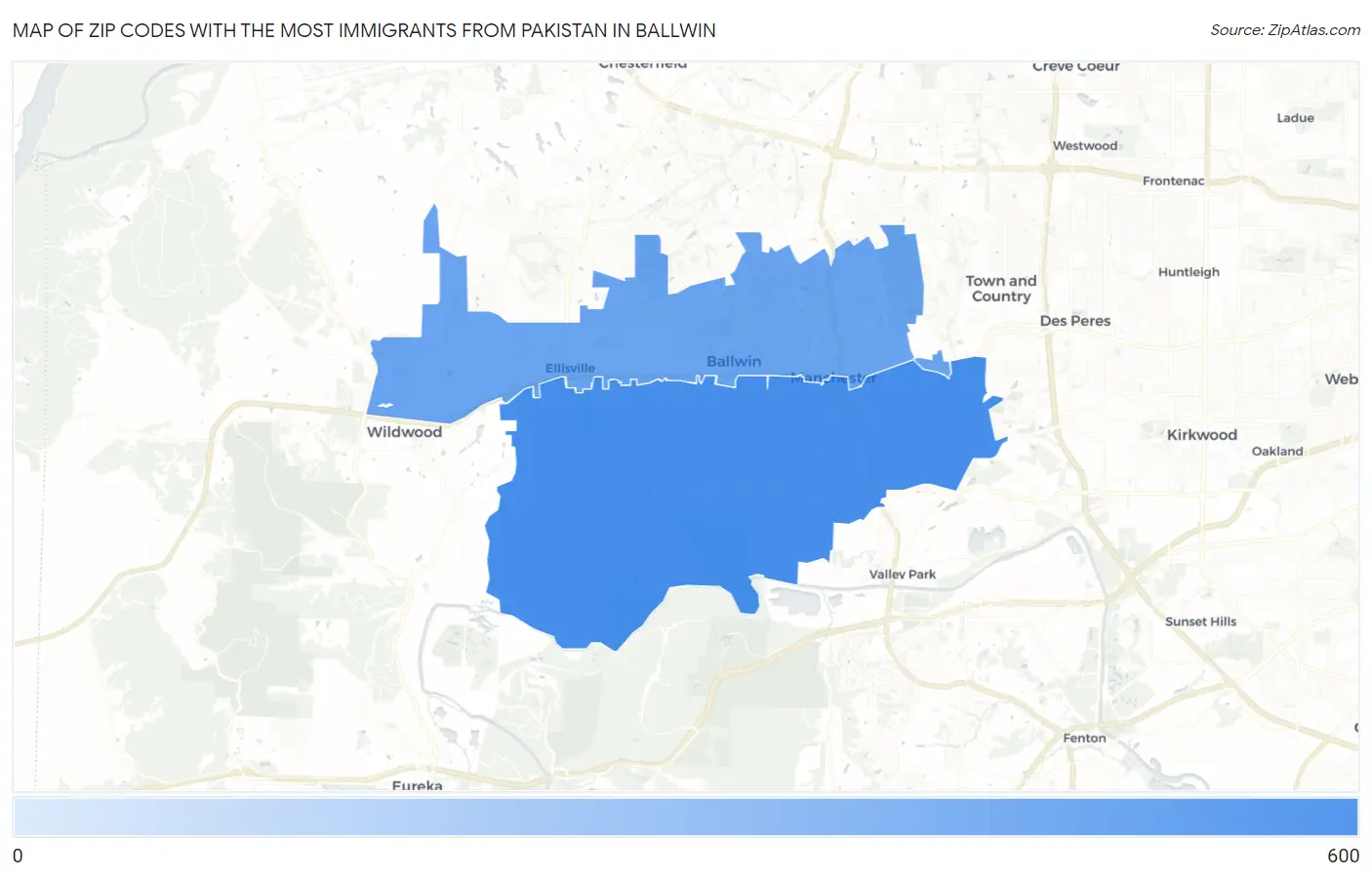 Zip Codes with the Most Immigrants from Pakistan in Ballwin Map