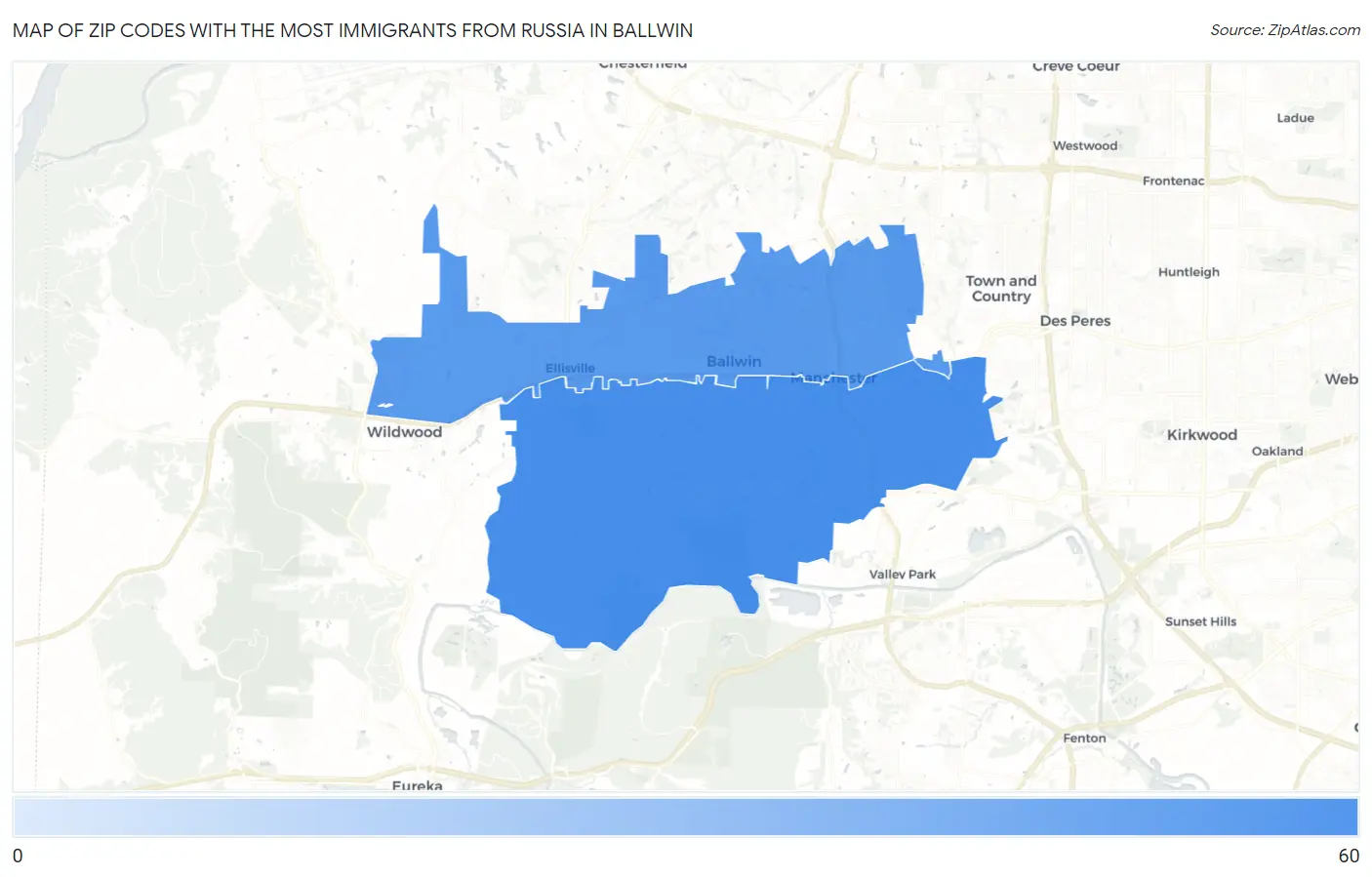 Zip Codes with the Most Immigrants from Russia in Ballwin Map