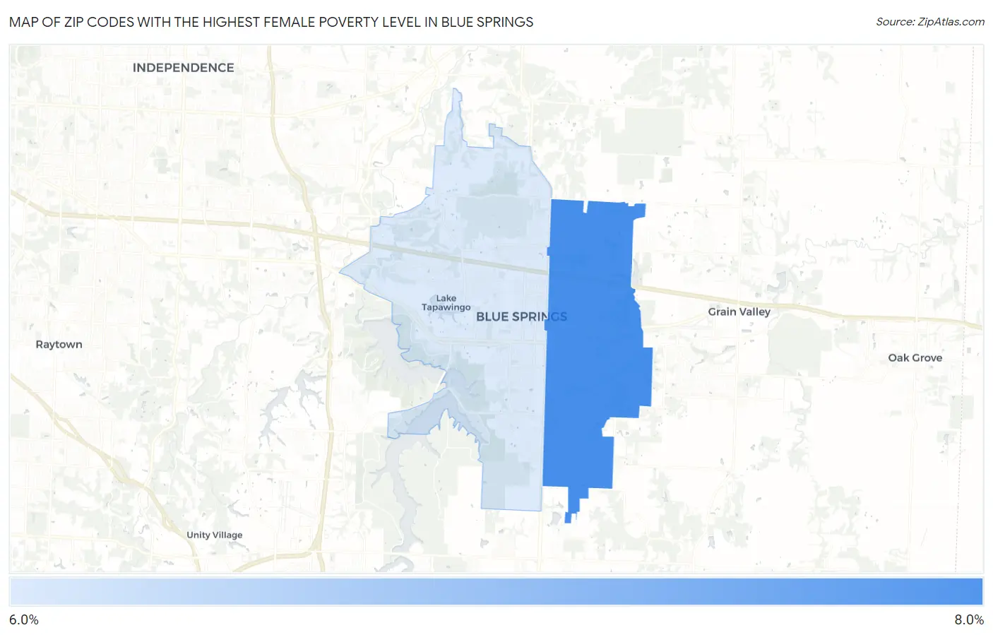 Zip Codes with the Highest Female Poverty Level in Blue Springs Map