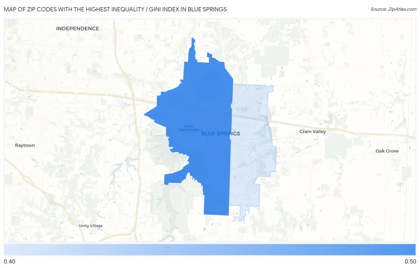 Zip Codes with the Highest Inequality / Gini Index in Blue Springs Map