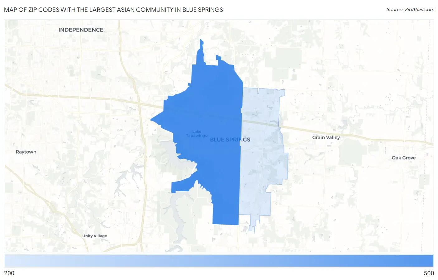 Zip Codes with the Largest Asian Community in Blue Springs Map