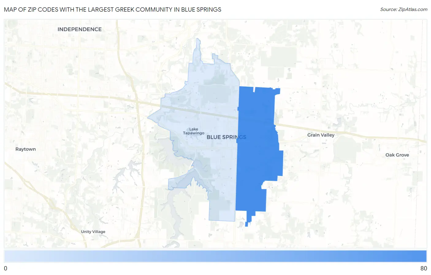 Zip Codes with the Largest Greek Community in Blue Springs Map