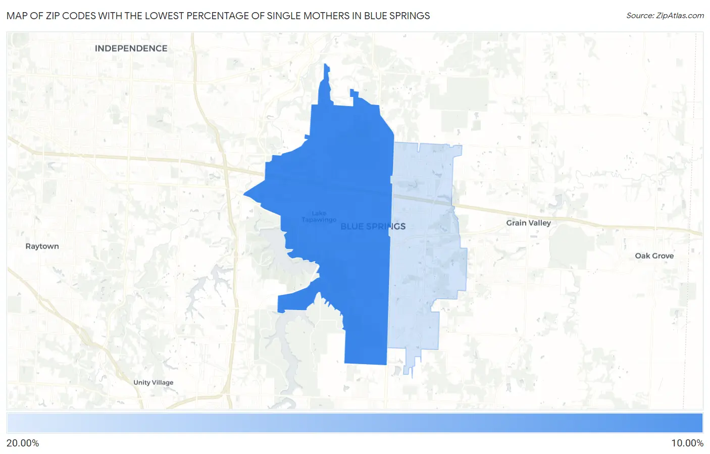 Zip Codes with the Lowest Percentage of Single Mothers in Blue Springs Map