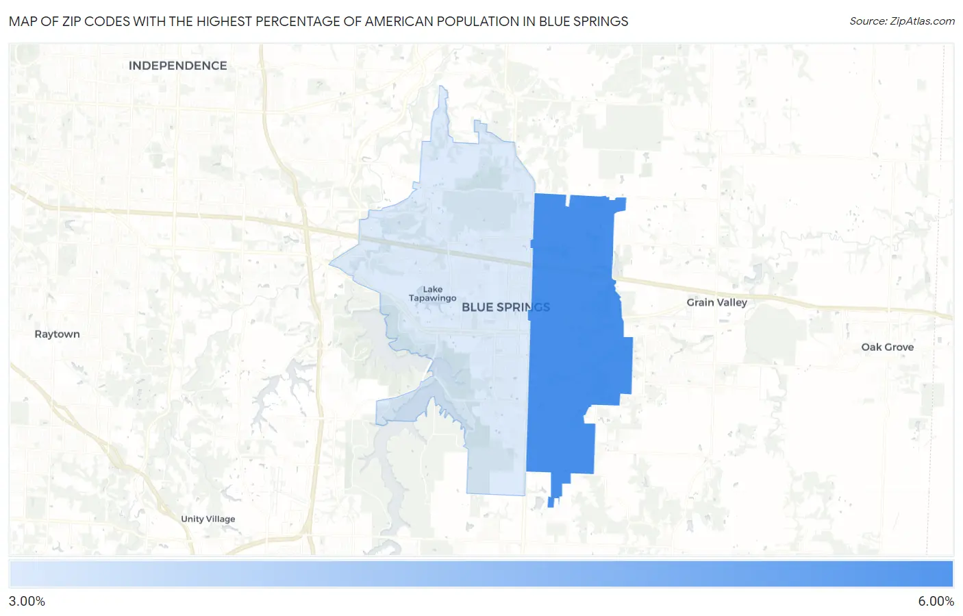 Zip Codes with the Highest Percentage of American Population in Blue Springs Map