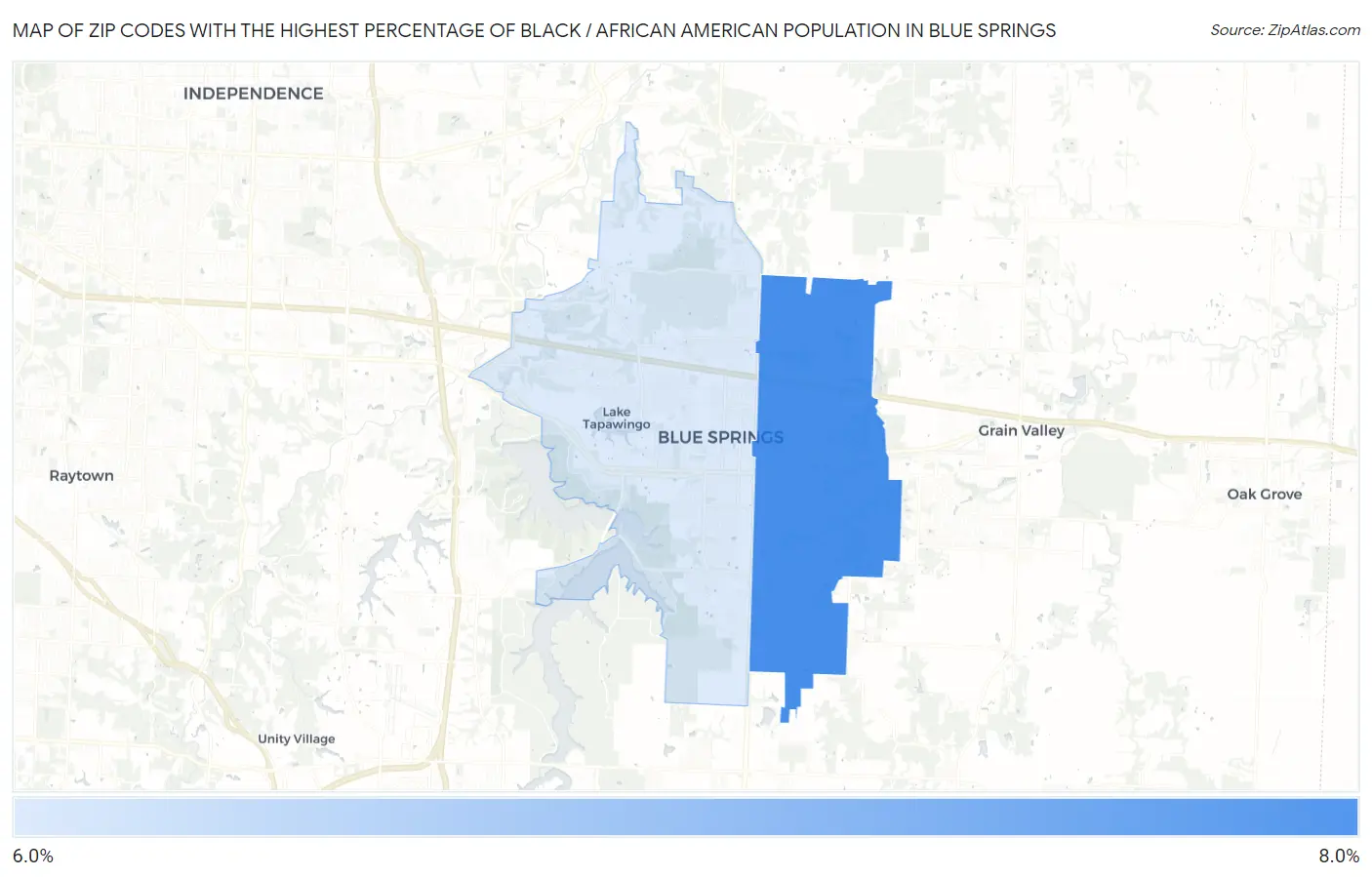 Zip Codes with the Highest Percentage of Black / African American Population in Blue Springs Map