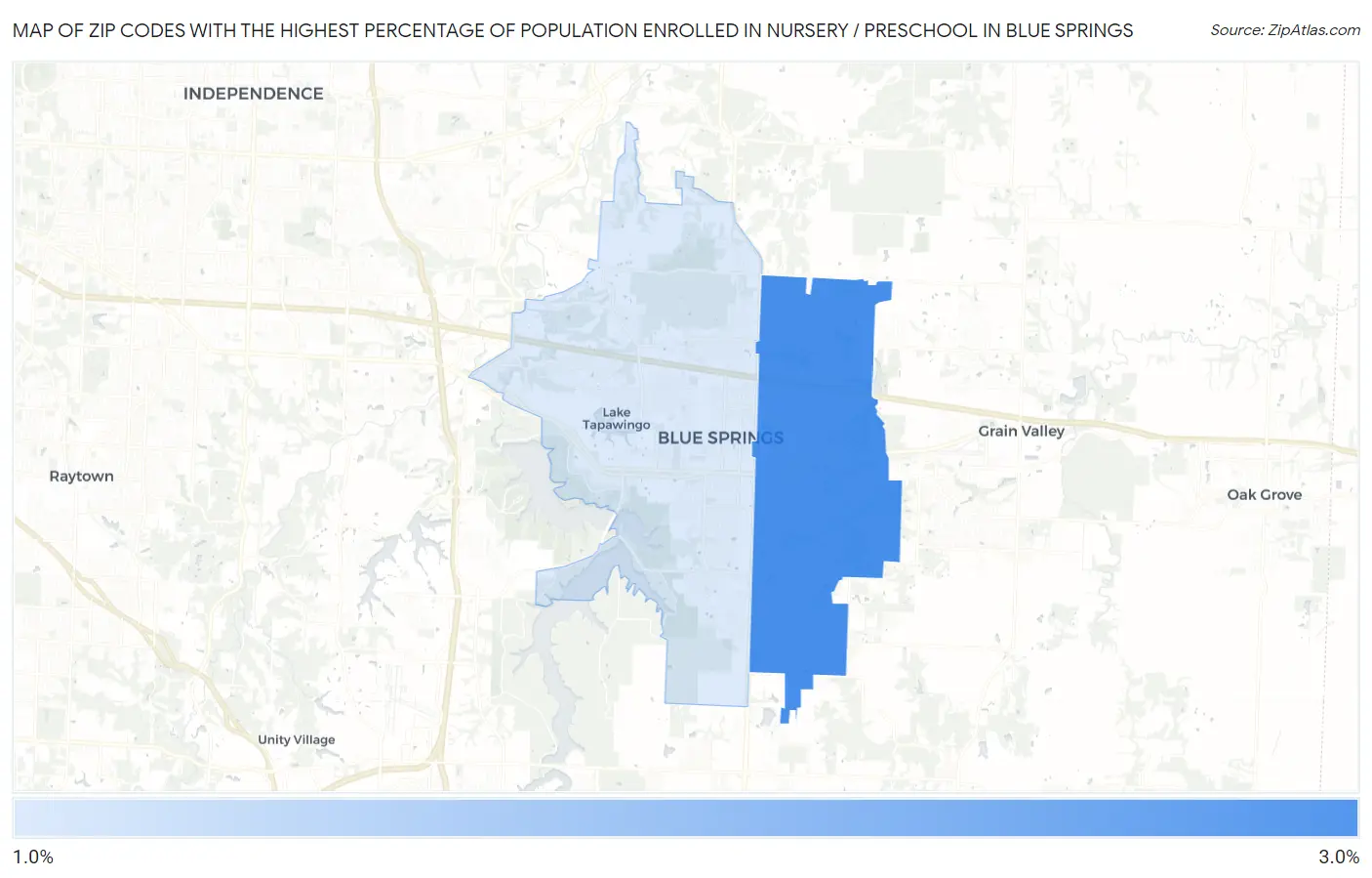 Zip Codes with the Highest Percentage of Population Enrolled in Nursery / Preschool in Blue Springs Map