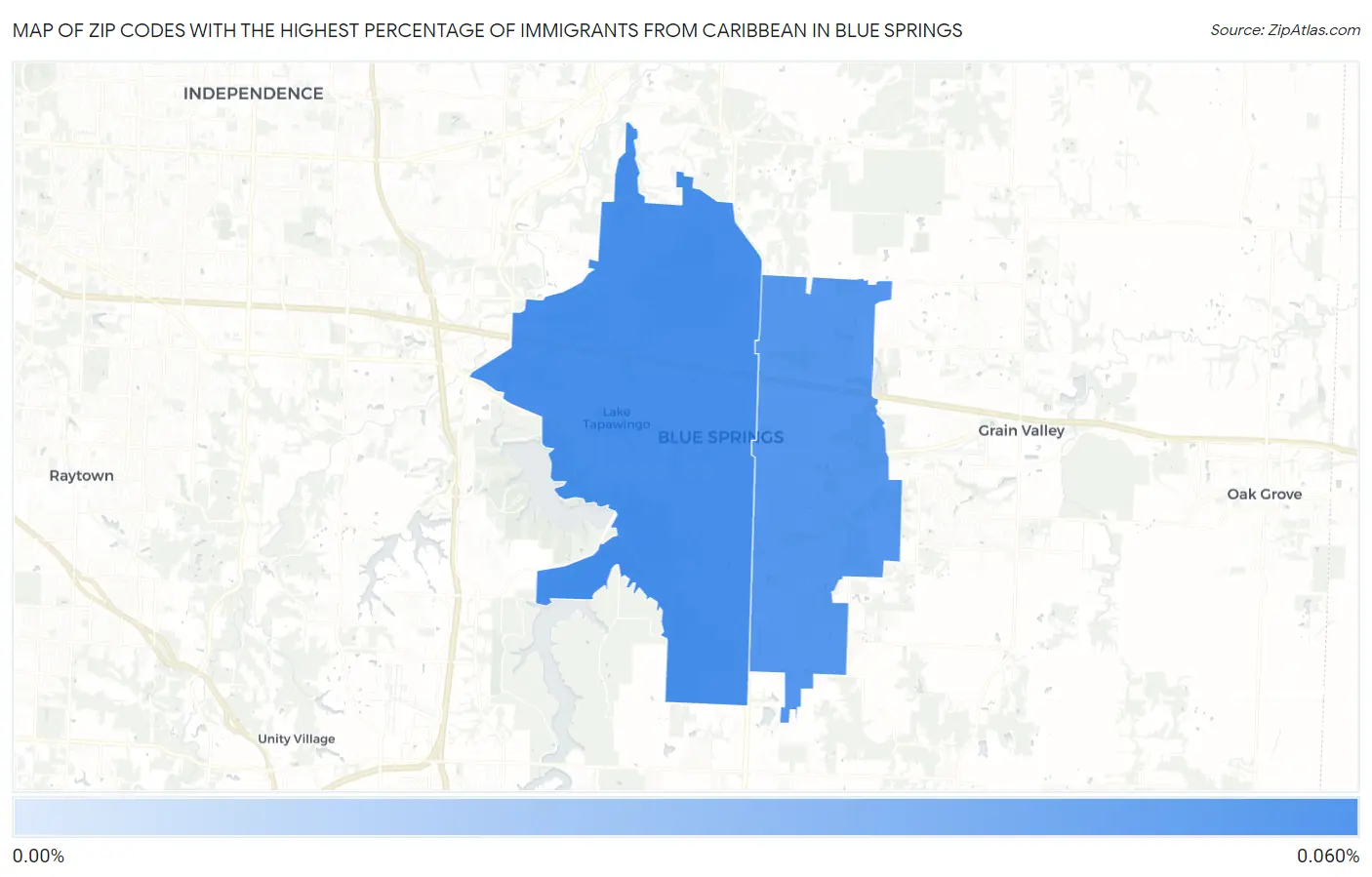 Zip Codes with the Highest Percentage of Immigrants from Caribbean in Blue Springs Map