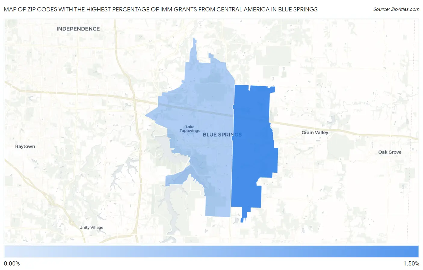 Zip Codes with the Highest Percentage of Immigrants from Central America in Blue Springs Map