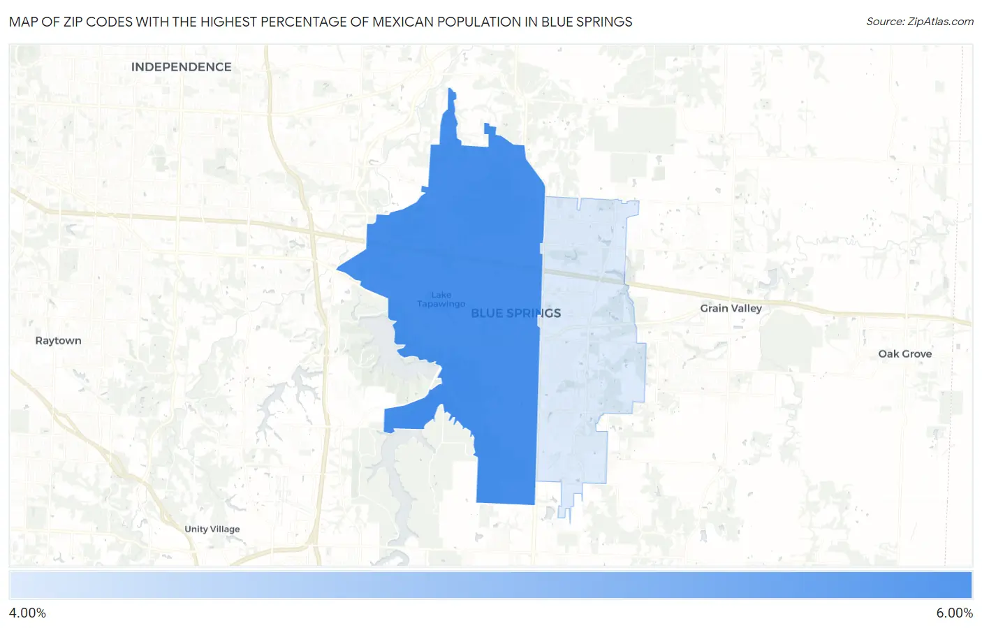 Zip Codes with the Highest Percentage of Mexican Population in Blue Springs Map