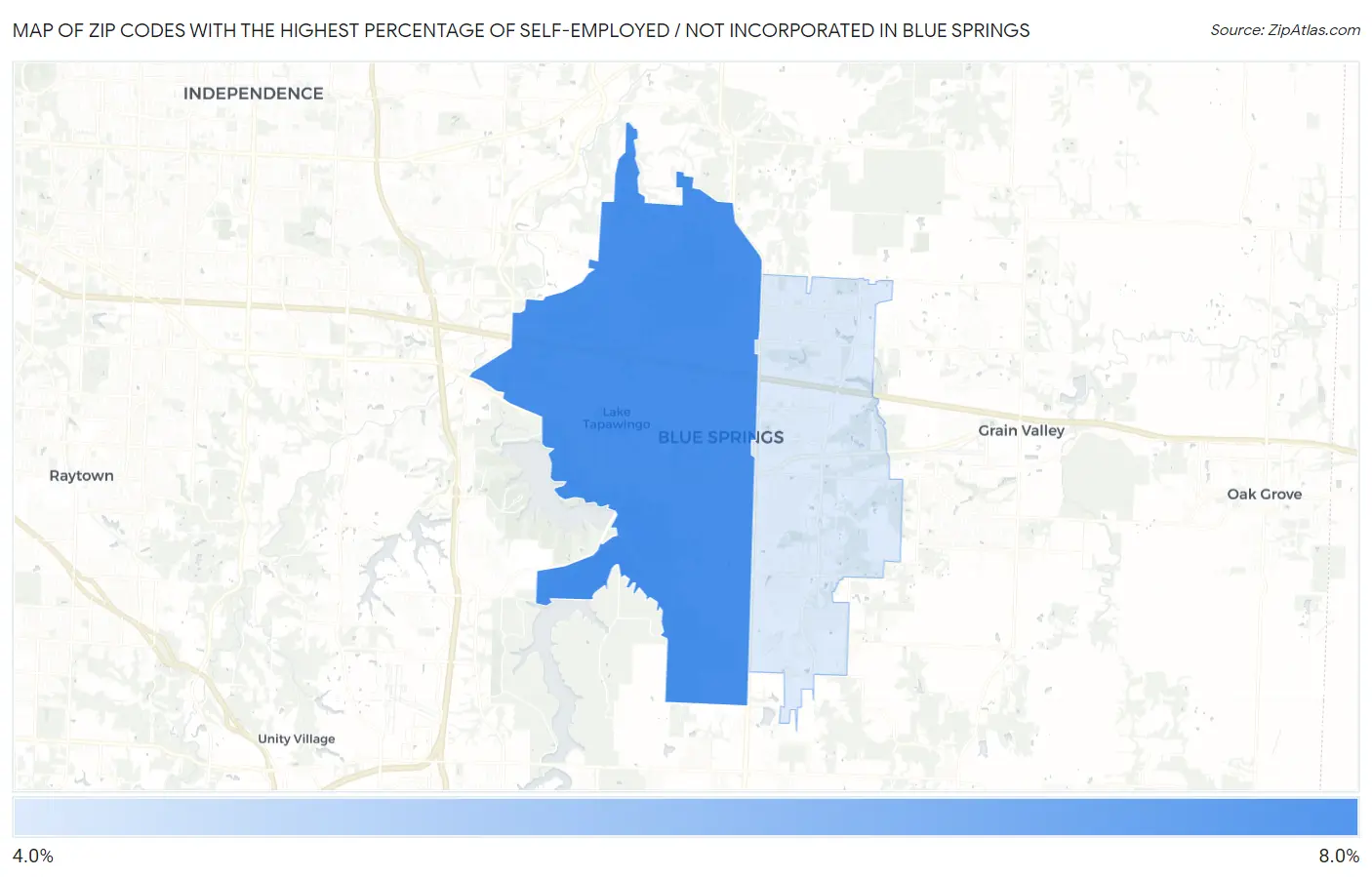 Zip Codes with the Highest Percentage of Self-Employed / Not Incorporated in Blue Springs Map