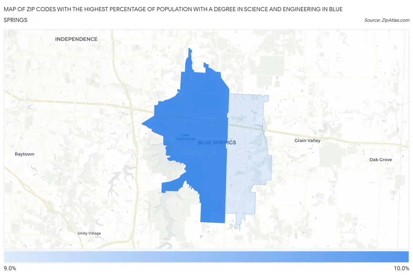 Zip Codes with the Highest Percentage of Population with a Degree in Science and Engineering in Blue Springs Map