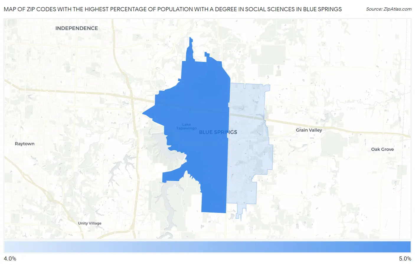 Zip Codes with the Highest Percentage of Population with a Degree in Social Sciences in Blue Springs Map