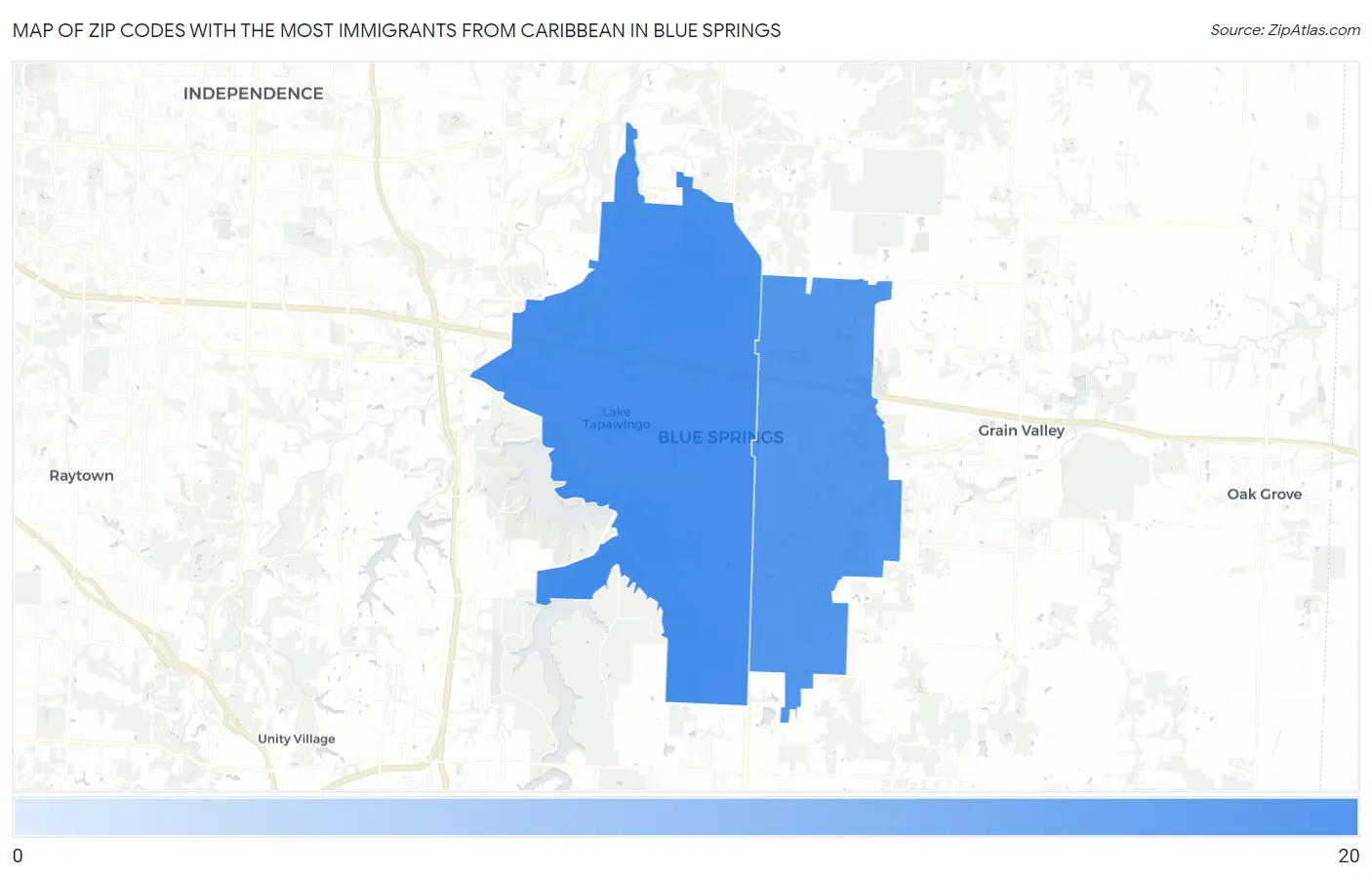 Zip Codes with the Most Immigrants from Caribbean in Blue Springs Map