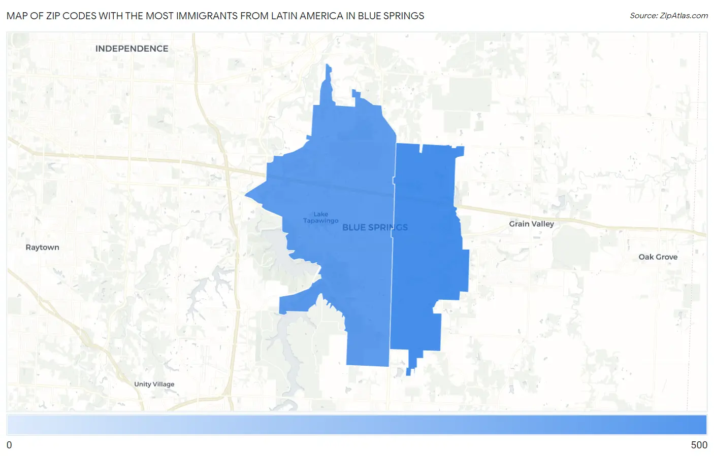 Zip Codes with the Most Immigrants from Latin America in Blue Springs Map