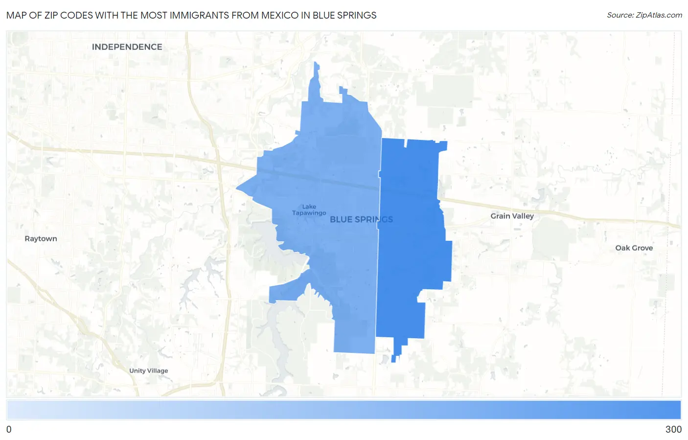 Zip Codes with the Most Immigrants from Mexico in Blue Springs Map