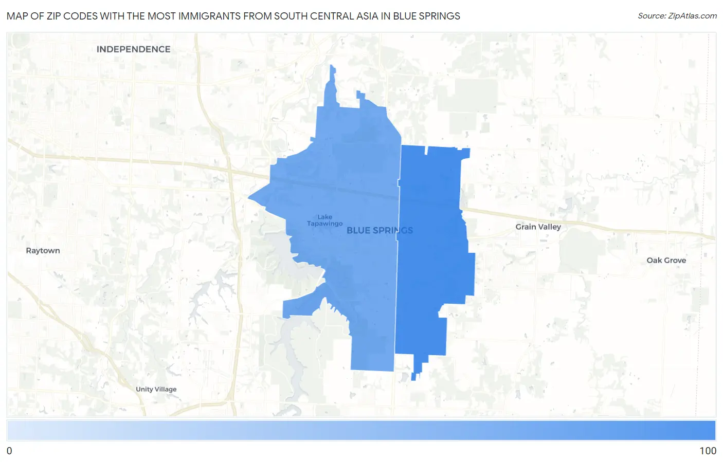 Zip Codes with the Most Immigrants from South Central Asia in Blue Springs Map